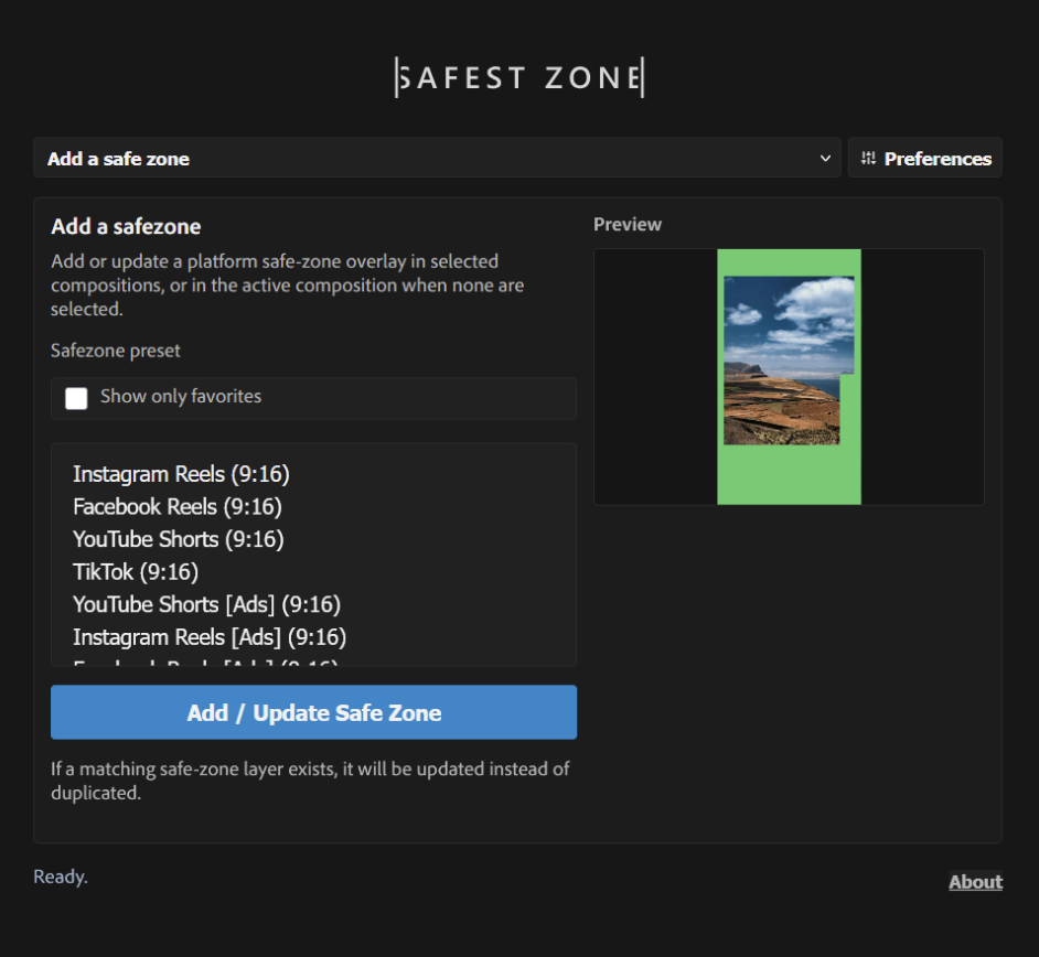 Safest Zone After Effects extension panel showing safe zone presets and settings